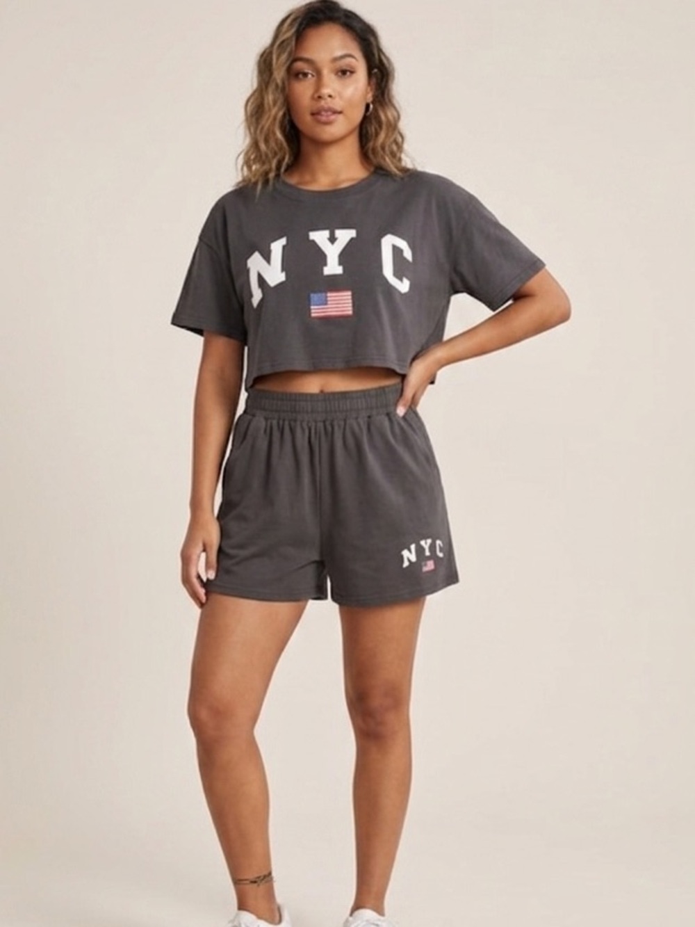 ROMWE Charcoal NYC Cotton Athletic Shorts Set